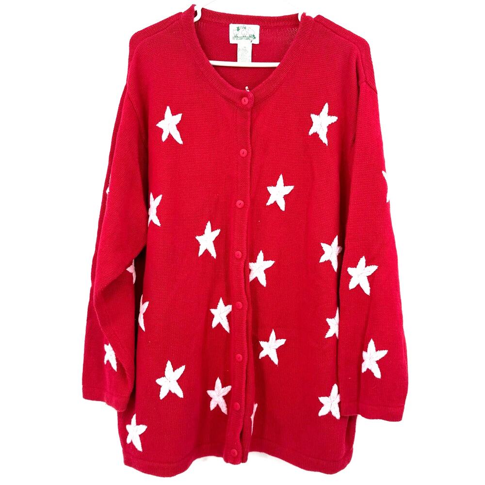 The Quacker Factory Size 1X Button Up Cardigan Sweater Red‎ Knit White Stars